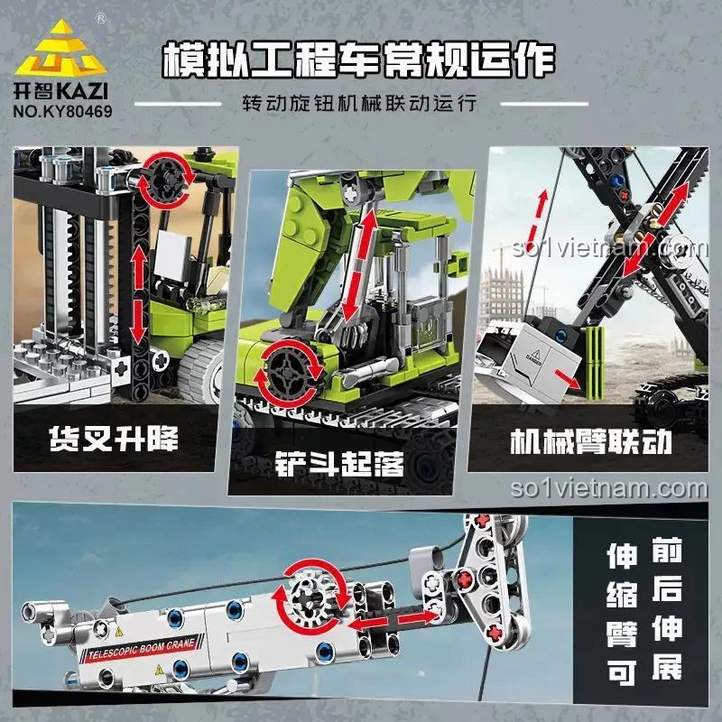 Mô phỏng hoạt động của các bộ phận xe công trình trong bộ lắp ghép KAZI KY80469: nâng hạ càng xe, xoay cần cẩu, liên kết cơ khí, đồ chơi phát triển trí tuệ cho bé trai 6 tuổi