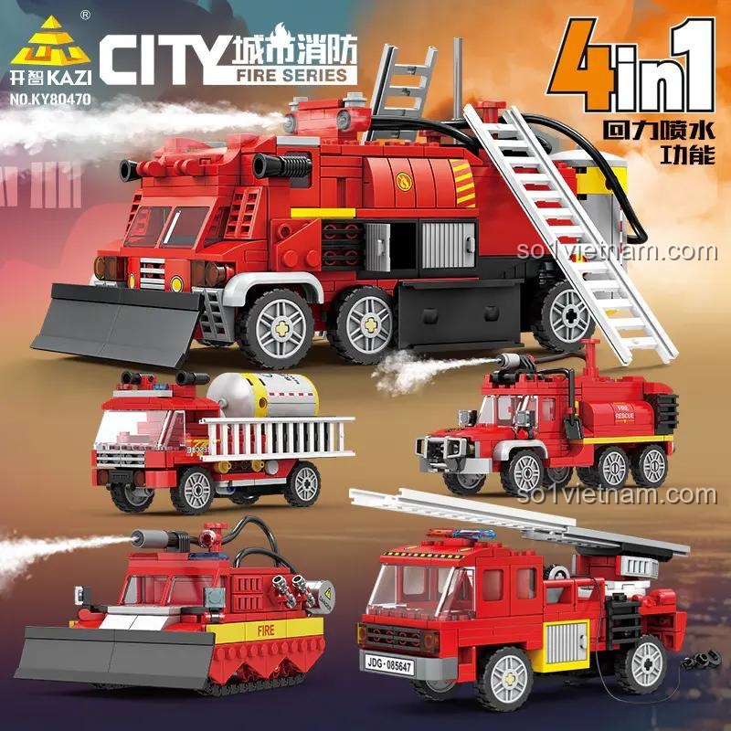 Các mẫu xe trong bộ đồ chơi mô hình KY80470 Xe chữa cháy 4 trong 1, chất lượng cao, có động cơ kéo lùi.