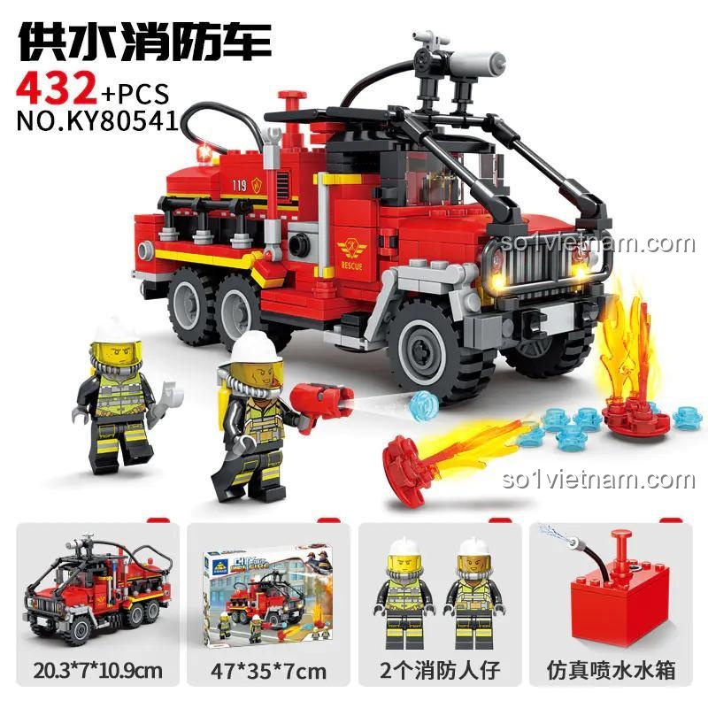 Ảnh chụp hộp sản phẩm đồ chơi mô hình KAZI KY80541, thể hiện rõ số chi tiết 432 mảnh, kích thước mô hình 20.3x7x10.9cm và 2 minifigures lính cứu hỏa.