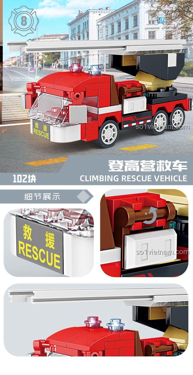 Hộp sản phẩm bộ lắp ghép xe cứu hỏa đa năng 8 trong 1 KAZI KY80542 hiển thị các mô hình con