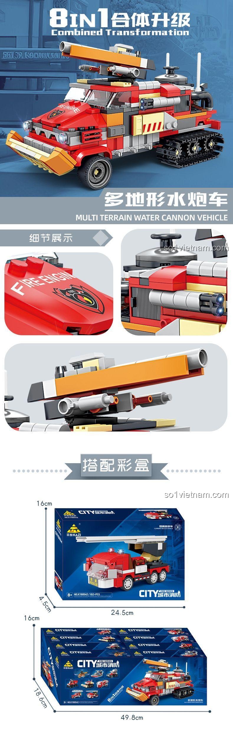 Hộp sản phẩm bộ lắp ghép xe cứu hỏa đa năng 8 trong 1 KAZI KY80542 tổng thể