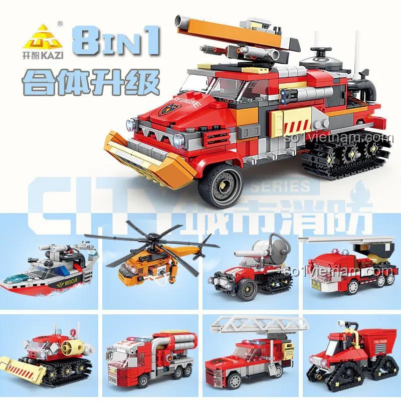Hộp sản phẩm bộ lắp ghép xe cứu hỏa đa năng 8 trong 1 KAZI KY80542