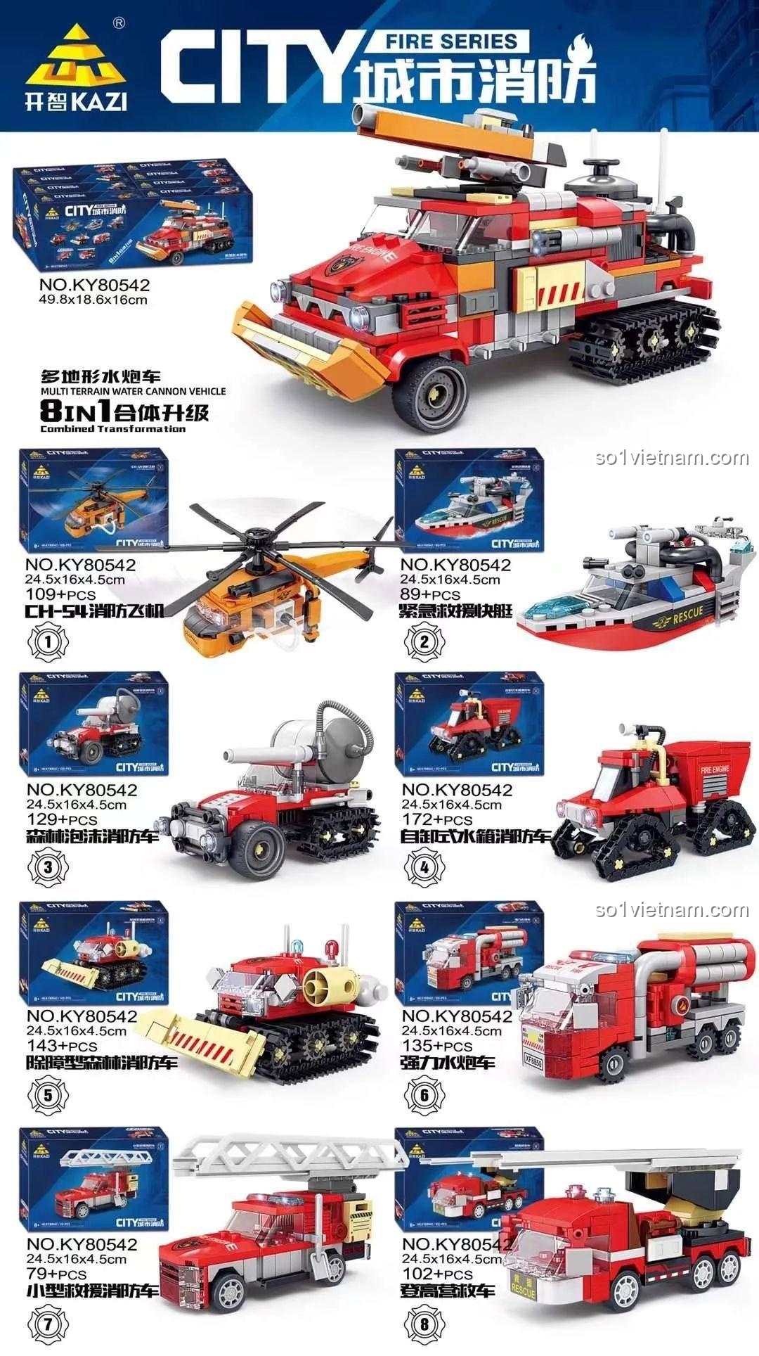Kích thước hộp sản phẩm bộ lắp ghép xe cứu hỏa đa năng 8 trong 1 KAZI KY80542