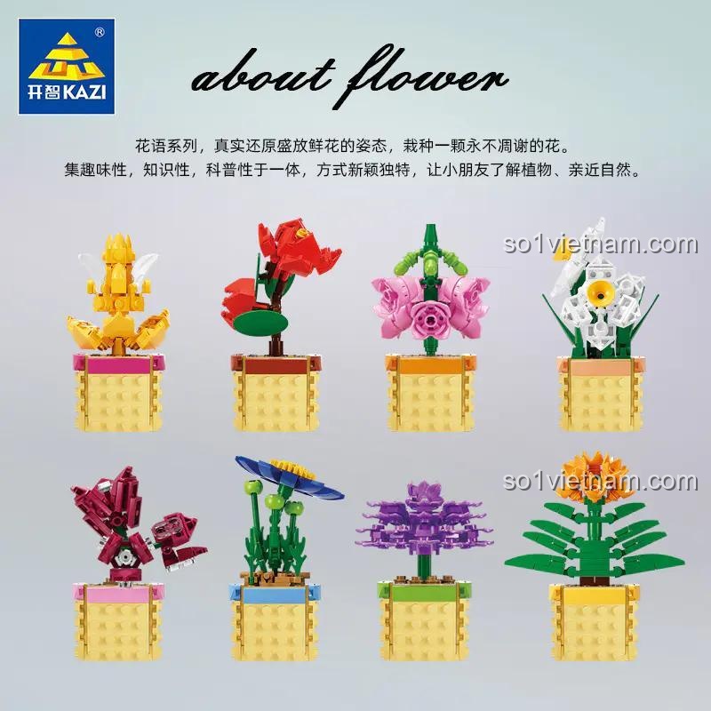 Poster giới thiệu 8 loài hoa có trong bộ xếp hình KY81123, bao gồm Hải Đường, Thủy Tiên, và nhiều loài hoa đẹp khác.