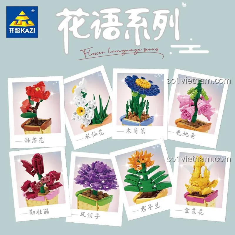 Cận cảnh chi tiết của một chậu hoa giấy lắp ghép từ đồ chơi mô hình KAZI, thể hiện sự tinh xảo của 805 mảnh ghép.