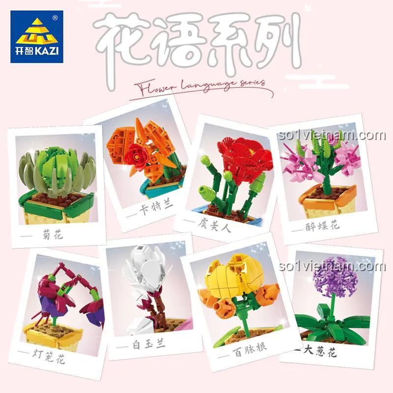 Poster giới thiệu 8 loài hoa trong bộ lắp ghép KAZI KY81124 Ngôn Ngữ Các Loài Hoa.