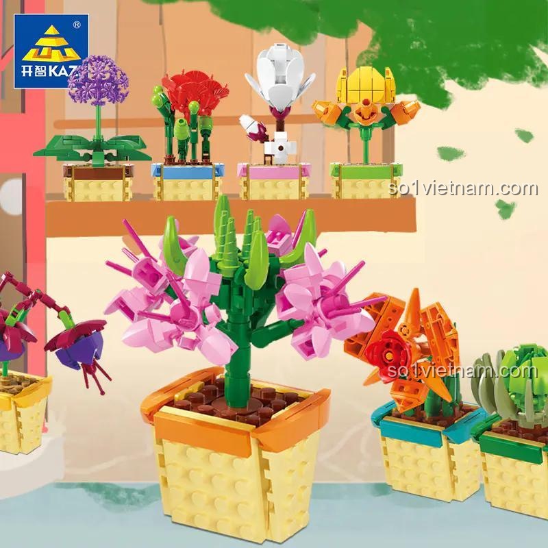 Trưng bày bộ đồ chơi mô hình 8 chậu hoa KAZI KY81124 rực rỡ sắc màu, một lựa chọn tuyệt vời thay thế LEGO®.