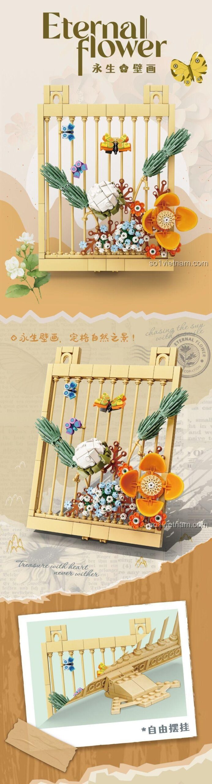 bộ lắp ghép KY81128, chi tiết hoa và côn trùng 3D, cho mẹ có con gái 8 tuổi, chất lượng vượt trội