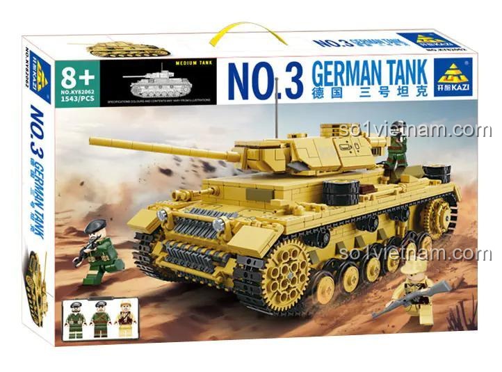 Chi tiết mô hình xe tăng Đức số 3 KAZI KY82062, 1543 mảnh ghép, đồ chơi xây dựng cho bé trai 8 tuổi, xe tăng quân sự màu vàng đen