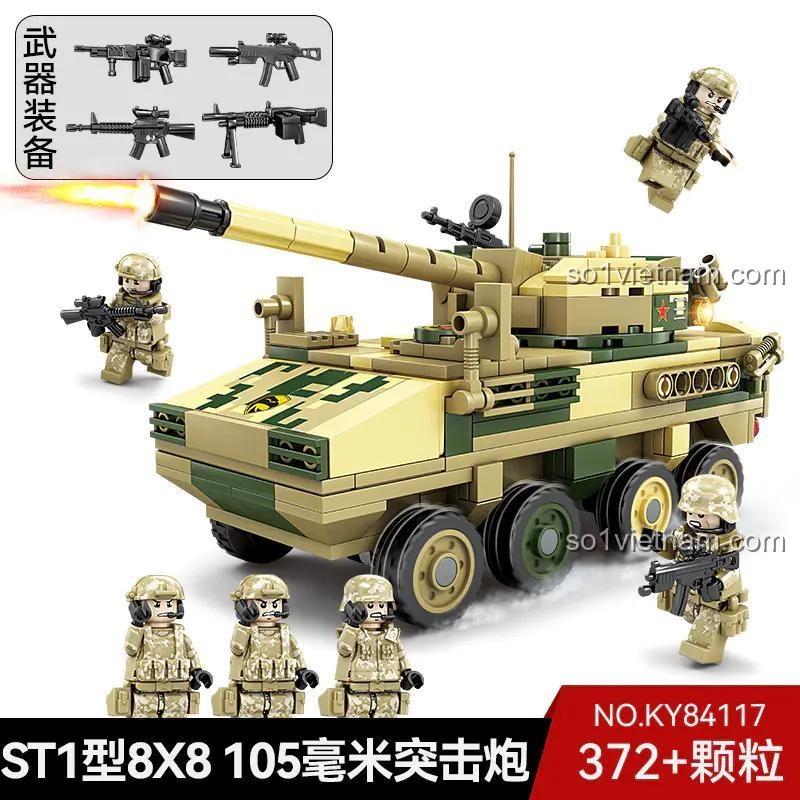 Hộp sản phẩm đồ chơi mô hình KAZI KY84117 Xe Pháo Tự Hành ST1, bao gồm 372 chi tiết và 4 lính đặc nhiệm.