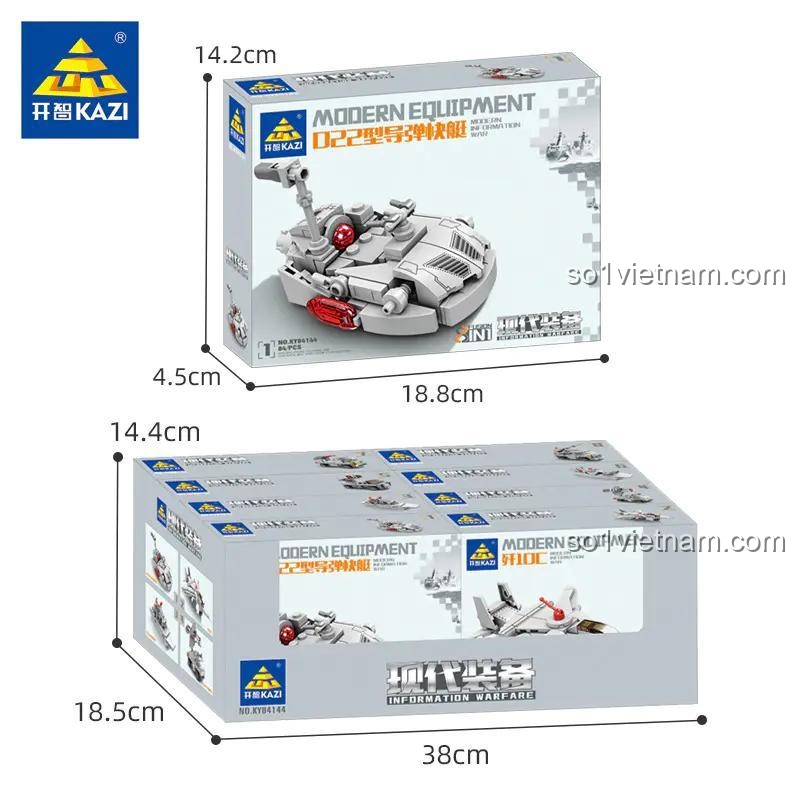 Hình ảnh thể hiện kích thước hộp của bộ đồ chơi mô hình Thiết giáp hạm Bismarck KY84144, bao gồm hộp lớn và hộp nhỏ bên trong.