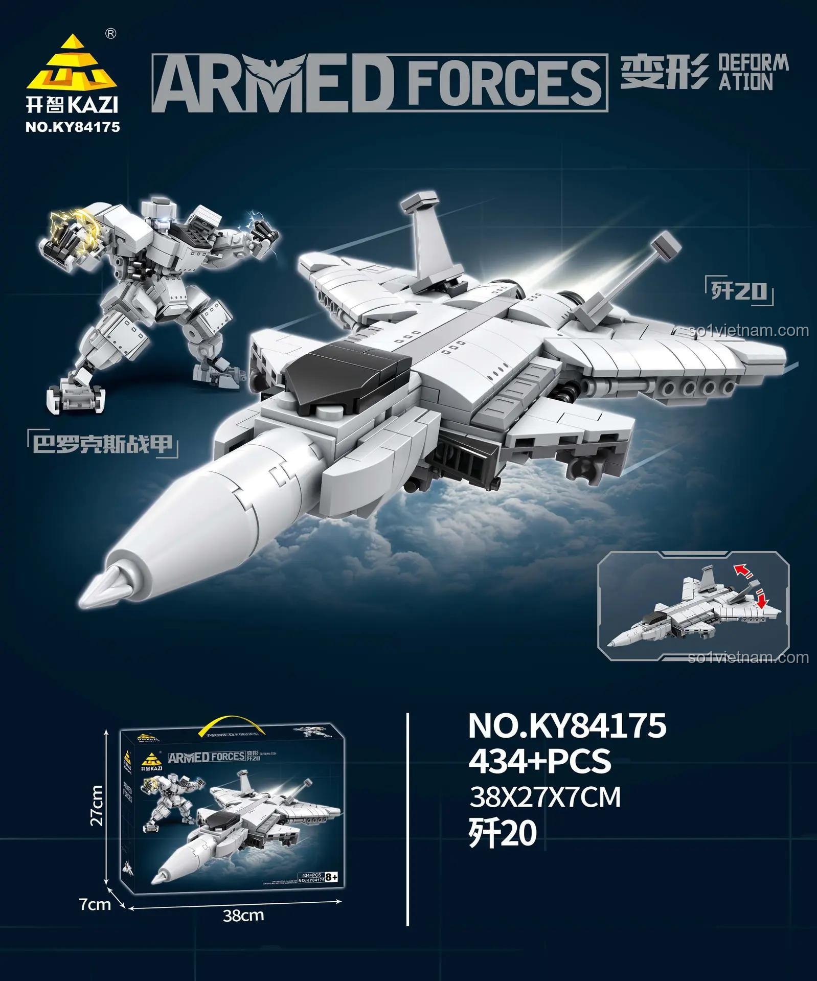 Hộp sản phẩm KAZI KY84175 Máy bay chiến đấu J-20 và Robot Barox 434 mảnh, đồ chơi lắp ghép quân sự cho bé trai