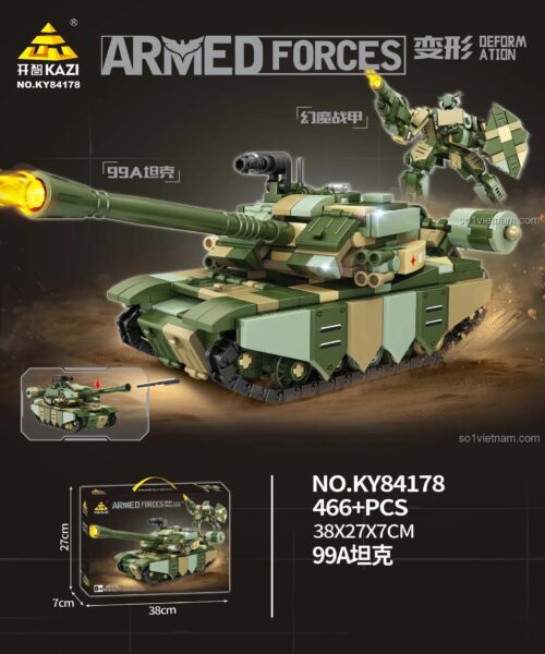 Hộp bộ lắp ghép KAZI KY84178 Xe Tăng 99A Biến Hình Robot 466 Mảnh, đồ chơi xây dựng cho bé trai 8 tuổi, giá rẻ