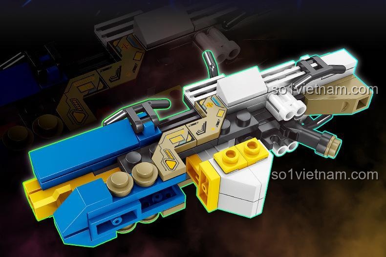 Một góc nhìn khác của Súng lắp ráp kiểu viễn tưởng KAZI, cho thấy thiết kế độc đáo và màu sắc bắt mắt.