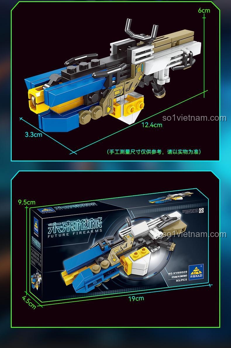 Ảnh thể hiện kích thước thực tế của mô hình súng KAZI 88029 và hộp sản phẩm, giúp khách hàng dễ dàng hình dung.