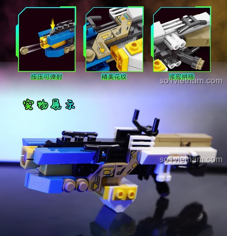 Hình ảnh mô tả các tính năng nổi bật của đồ chơi lắp ráp Mô hình súng tương lai, bao gồm khả năng bắn đạn và lắp ráp khít.
