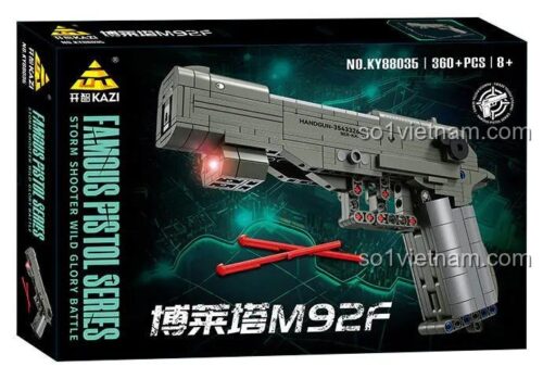 Hộp bộ lắp ghép KAZI KY88035 Súng lục Beretta M92F với 360 mảnh ghép, hiển thị thông tin sản phẩm và hình ảnh mô hình súng đồ chơi Beretta M92F.