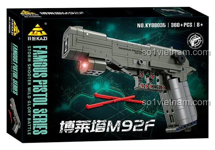 Hộp bộ lắp ghép KAZI KY88035 Súng lục Beretta M92F với 360 mảnh ghép, hiển thị thông tin sản phẩm và hình ảnh mô hình súng đồ chơi Beretta M92F.