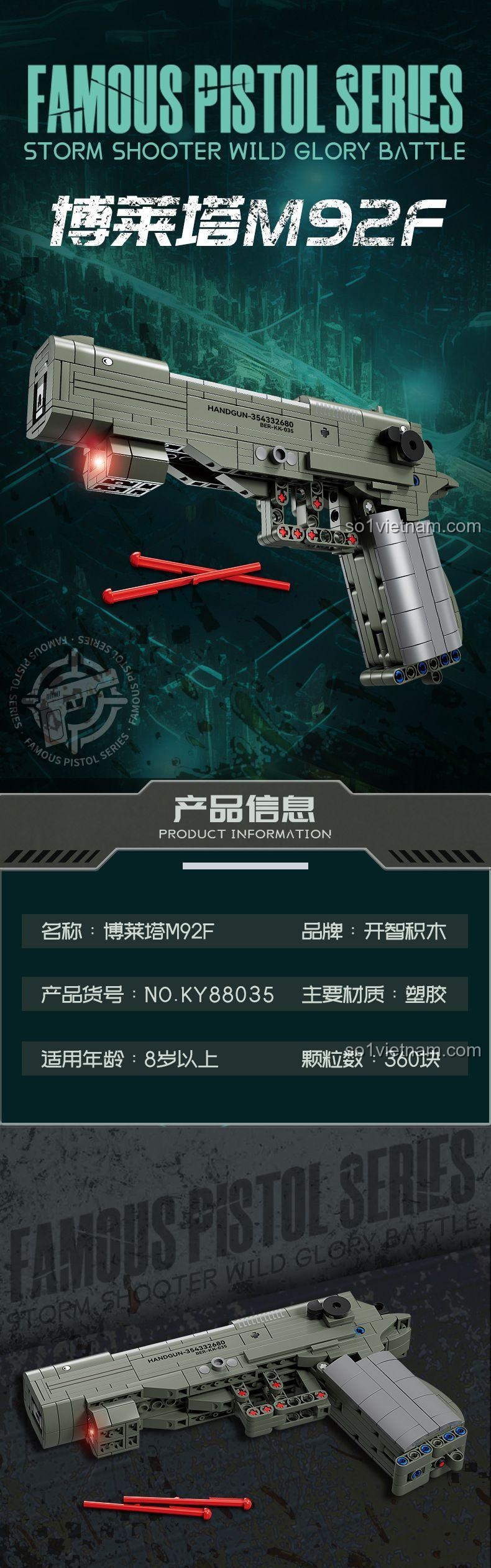 Thông tin chi tiết bộ đồ chơi KAZI KY88035 Súng lục Beretta M92F, bao gồm tên sản phẩm, mã số, hãng sản xuất, số chi tiết 360 mảnh, chất liệu nhựa và độ tuổi khuyến nghị 8+.