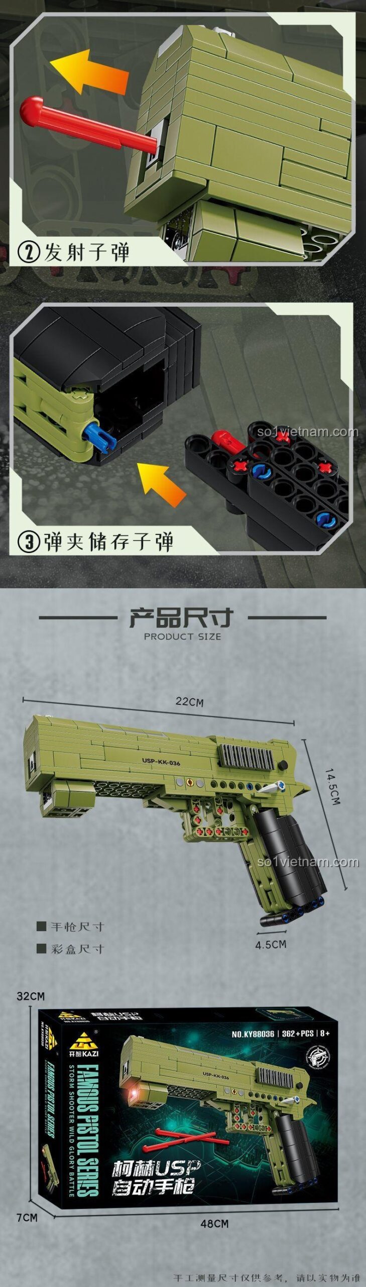 Chi tiết cơ chế bắn đạn nhựa và hộp đạn của đồ chơi lắp ráp Súng lục tự động HK USP KAZI KY88036, đồ chơi cho con trai 8 tuổi.