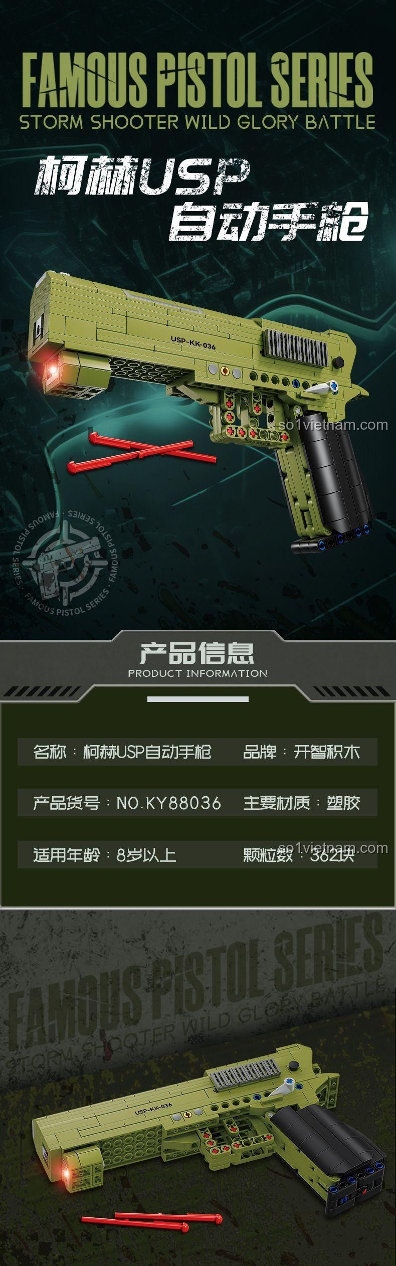 Thông tin sản phẩm bộ lắp ghép Súng lục HK USP KAZI KY88036, đồ chơi mô hình cho con trai 8 tuổi.