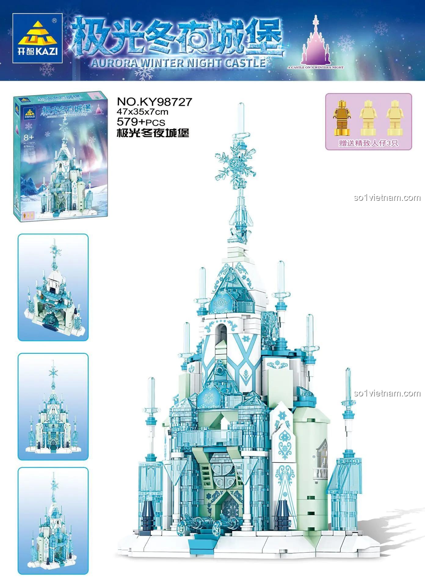 Chi tiết bộ lắp ghép KAZI KY98727 Lâu đài Đêm Đông Cực Quang, mô hình Lâu đài Băng Tuyết 579 chi tiết, đồ chơi cho con gái 6 tuổi.