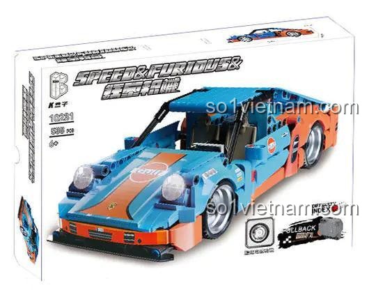 Hộp sản phẩm bộ lắp ghép xe đua Porsche 911 RSR "Gulf" "回力车" K盒子 10231, có hình ảnh mô hình xe, cho bé trai 6 tuổi