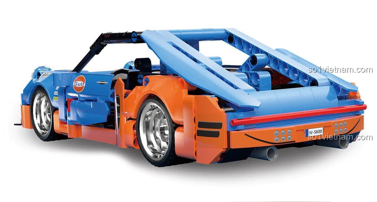 Mô hình xe đua Porsche 911 RSR "Gulf" "回力车" K盒子 10231 nhìn từ phía sau, chi tiết đuôi xe, cho bé trai 6 tuổi