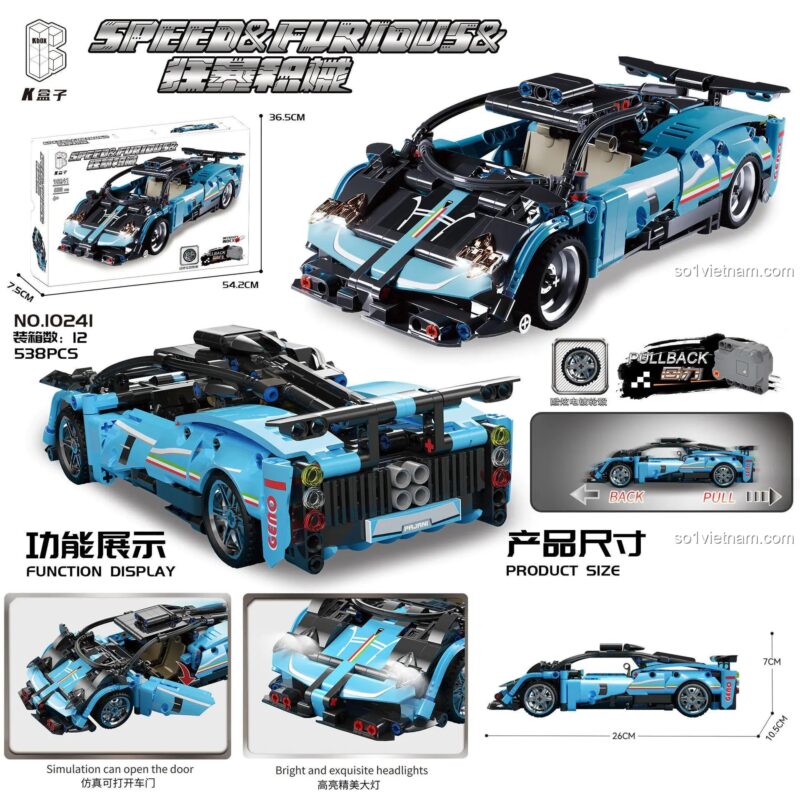 Chi tiết bộ lắp ghép siêu xe Pagani Zonda màu xanh K盒子 10241, đồ chơi mô hình xe đua tốc độ cao cho bé trai 6 tuổi, động cơ hồi lực mạnh mẽ, 538 mảnh ghép