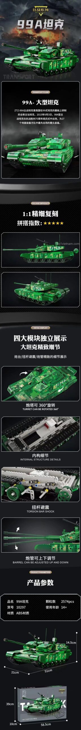 đồ chơi xây dựng 10297 Xe Tăng ZTZ-99A Cuồng Chiến, mô hình 2574 chi tiết, kích thước 50x19.5x18.7cm, cho con trai 8 tuổi, giá trị cao