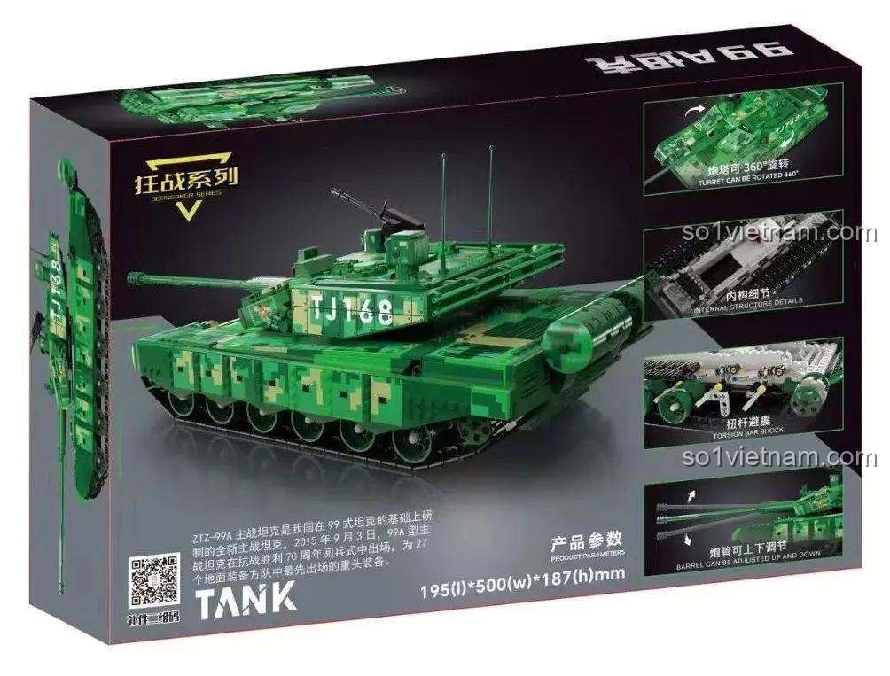 đồ chơi mô hình KBOX 10297 Xe Tăng ZTZ-99A Cuồng Chiến, tháp pháo xoay 360 độ, nòng pháo nâng hạ, cho bé trai 8 tuổi, giá rẻ