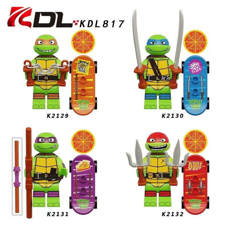 Bộ 4 Minifigures Ninja Rùa KDL K2131 chất lượng cao, đồ chơi lắp ghép cho bé trai 6 tuổi giá tốt, kèm vũ khí và ván trượt.