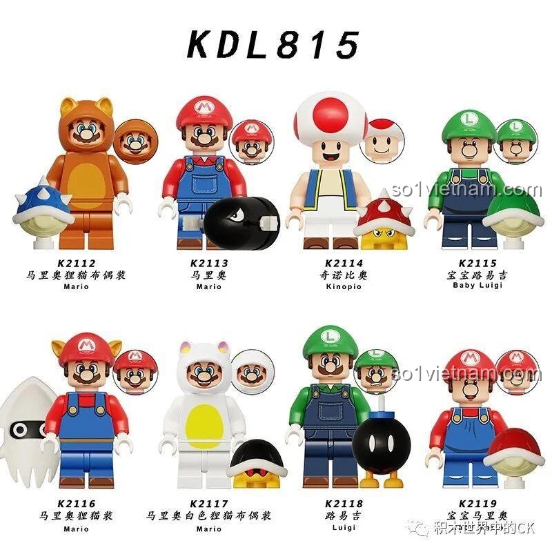 Tổng quan bộ KDL815 Bộ 8 Minifigures Mario với các nhân vật Mario, Luigi, Toad và Baby Luigi trong nhiều trang phục khác nhau, cùng mã sản phẩm KDL815.