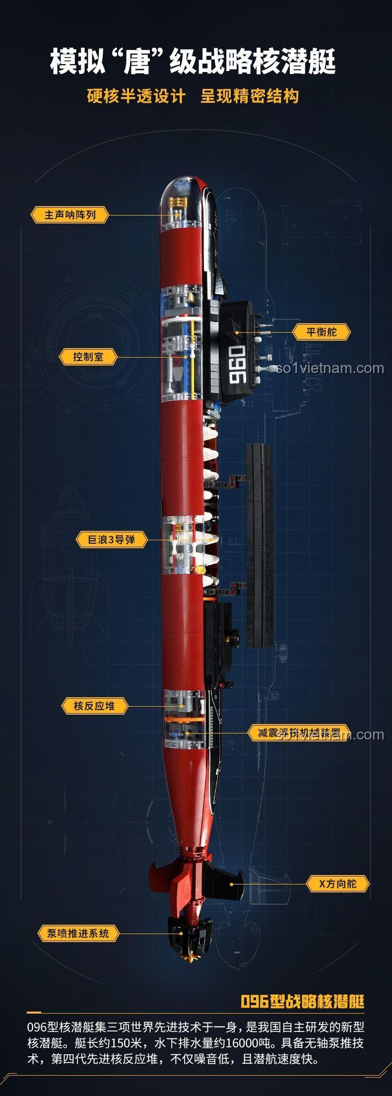 Chi tiết mô hình tàu ngầm chiến lược hạt nhân Type 096 Keeppley 23020, tỉ lệ 1:168, 2129 mảnh, thiết kế bán trong suốt, chi tiết bên trong, phù hợp cho bé trai 8 tuổi, giá tốt