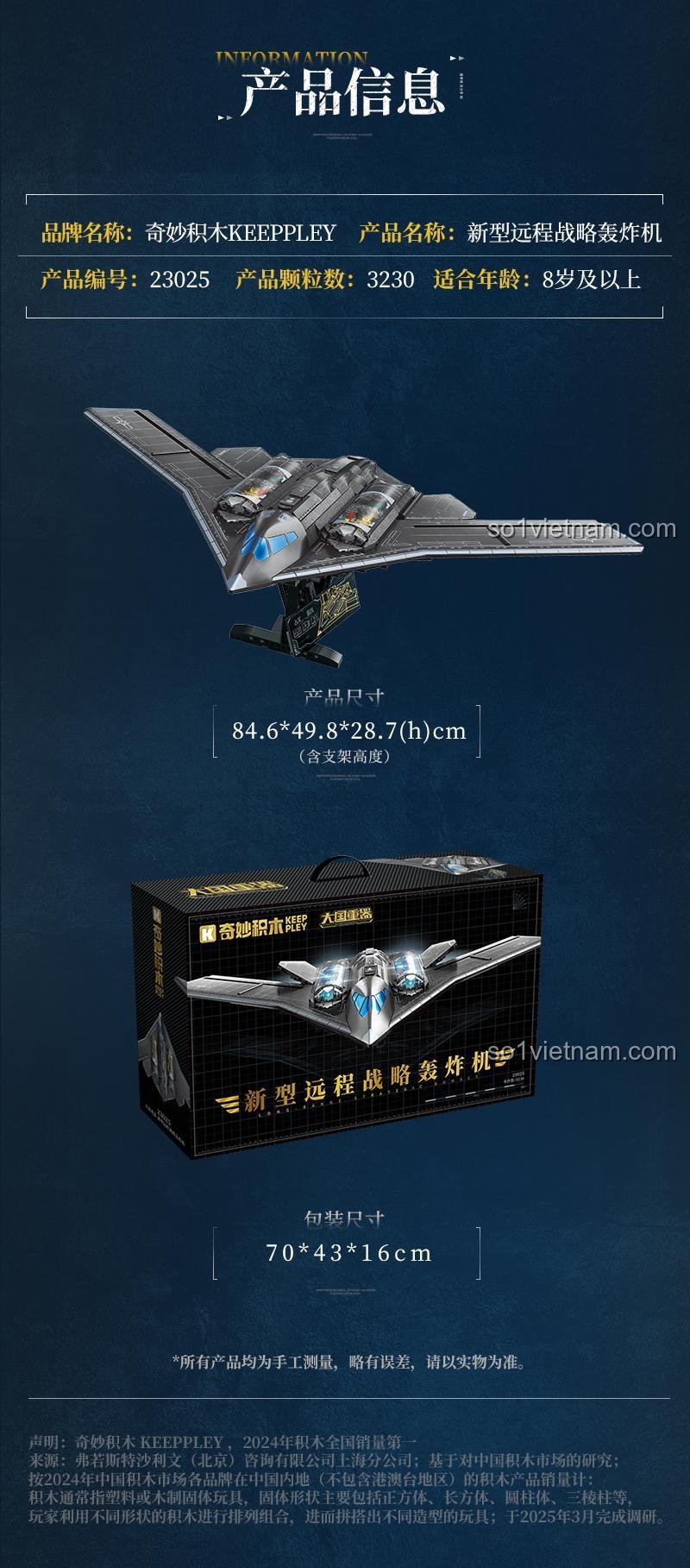 Bảng thông tin chi tiết sản phẩm Keeppley 23025, bao gồm tên, mã số, số lượng 3230 mảnh ghép, độ tuổi khuyến nghị 8+, kích thước mô hình và kích thước hộp.