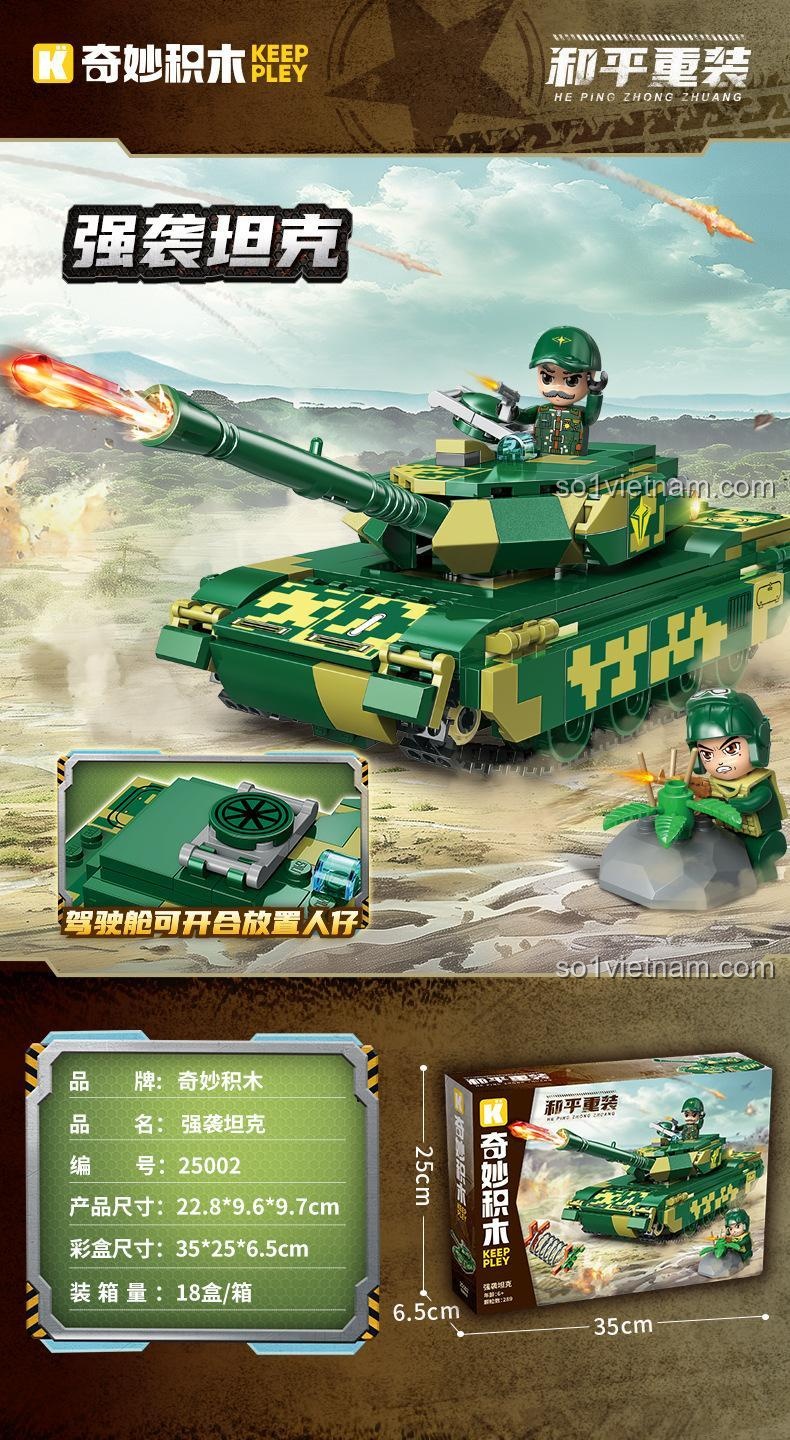 Mô hình Keeppley 25002 Xe Tăng Tấn Công với 289 mảnh, màu xanh lá và nâu, có 2 minifigures, kích thước 22.8x9.6x9.7cm, phù hợp cho bé trai 6 tuổi, giá tốt.