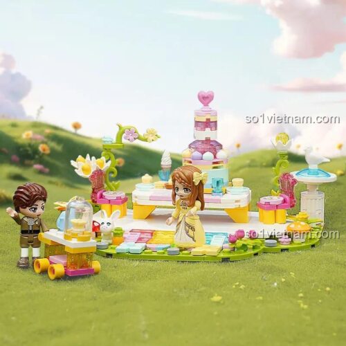 Chi tiết bộ lắp ghép Keeppley 32027 Công chúa Leah: Tiệc trà giữa vườn hoa, mô hình tiệc trà cổ tích cho bé gái 6 tuổi, màu hồng vàng xanh lá, 2 minifigures