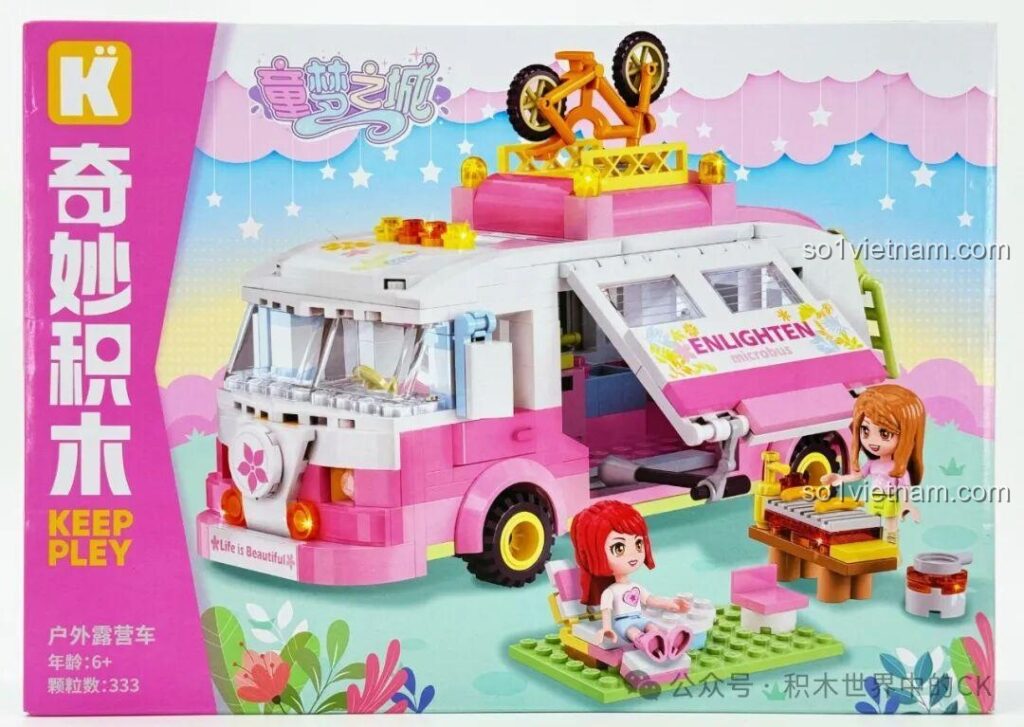 Hộp sản phẩm Xe Cắm Trại Keeppley 33019 với hình ảnh xe và minifigures