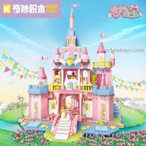Hộp sản phẩm bộ lắp ghép Keeppley 36016 Lâu đài cổ tích, có hình ảnh mô hình hoàn chỉnh và các công chúa