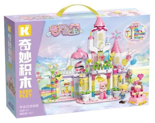 Hộp sản phẩm Lâu đài Âm nhạc Hoa Keeppley 36018 với hình ảnh lâu đài màu hồng pastel, công chúa và hoàng tử, có đèn LED, 487 mảnh ghép, phù hợp cho bé gái 6 tuổi