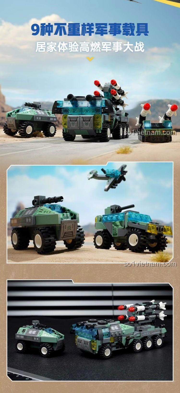 Hình ảnh thực tế các mô hình từ bộ Keeppley 42207 trong một sa bàn chiến đấu, khơi gợi trí tưởng tượng cho trẻ.