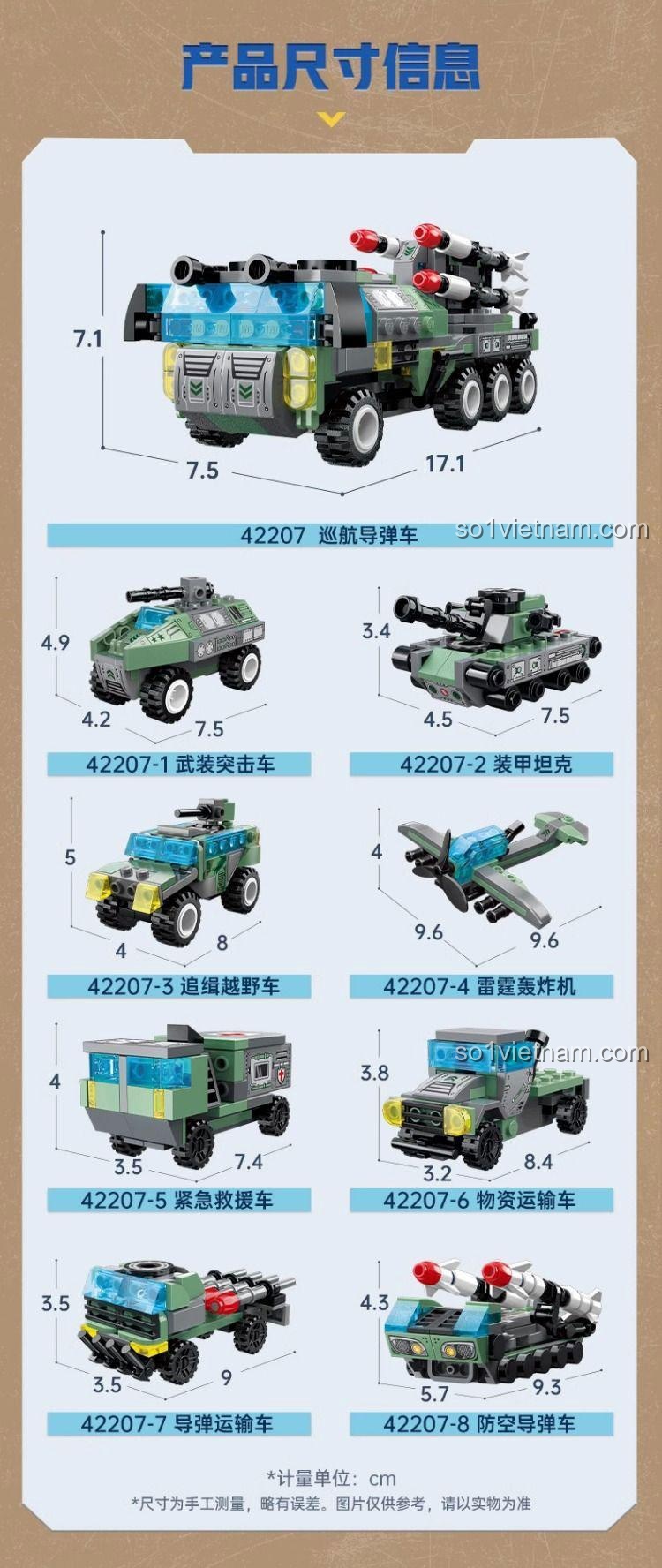 Bảng kích thước chi tiết của tất cả 9 mô hình có thể lắp được từ bộ đồ chơi xây dựng Keeppley 42207.