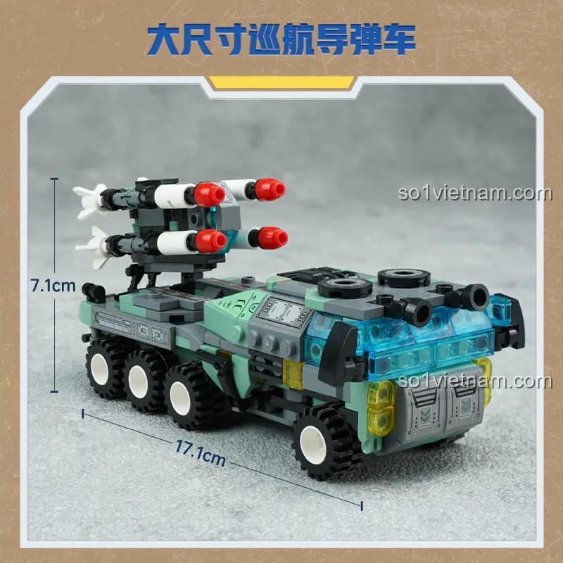 Kích thước chi tiết của đồ chơi mô hình 42207 Xe Tải Tên Lửa Hành Trình, dài 17.1cm và cao 7.1cm.