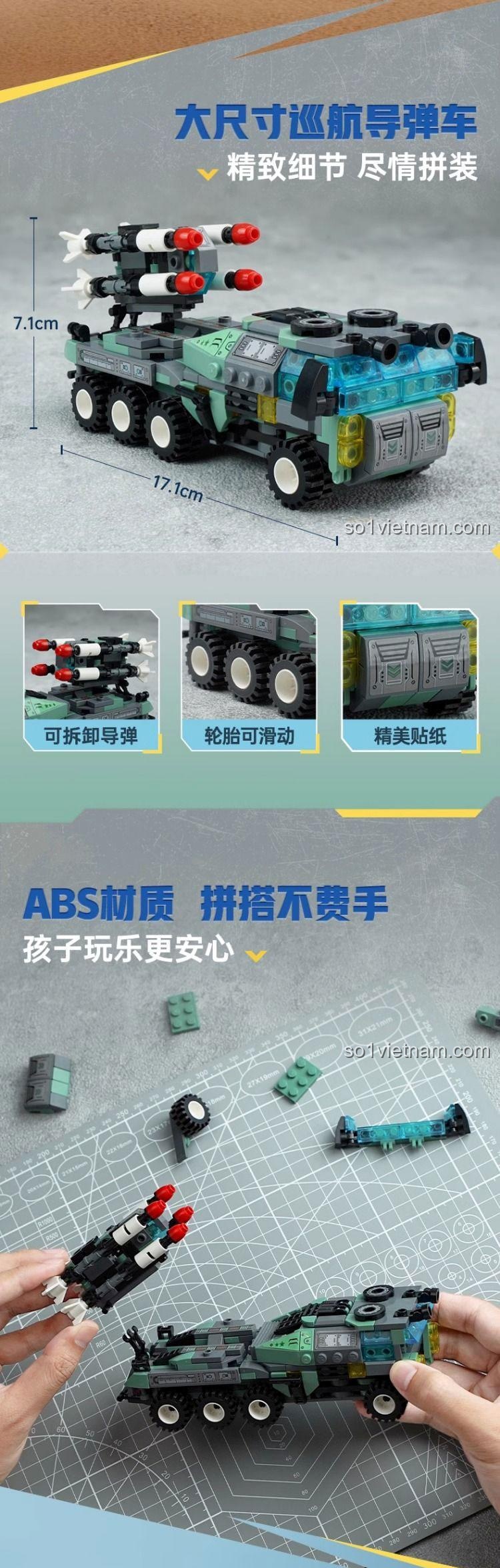 Các tính năng nổi bật của bộ lắp ghép Keeppley: tên lửa tháo rời, bánh xe di chuyển, sticker tinh xảo, chất liệu ABS an toàn.