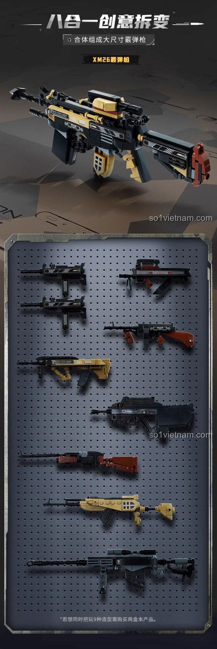 Bộ sưu tập 8 mẫu súng nhỏ có thể lắp ráp từ set Keeppley 42208 Súng trường tấn công Groza và các mẫu khác.