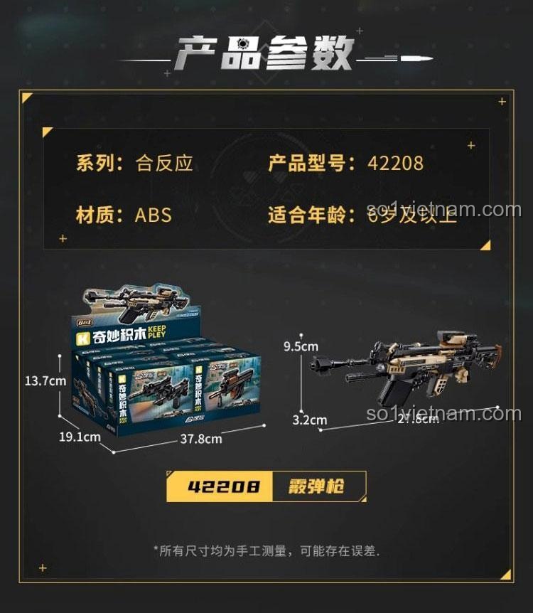 Kích thước chi tiết của hộp và mô hình súng shotgun XM26 từ bộ xếp hình Keeppley 42208.