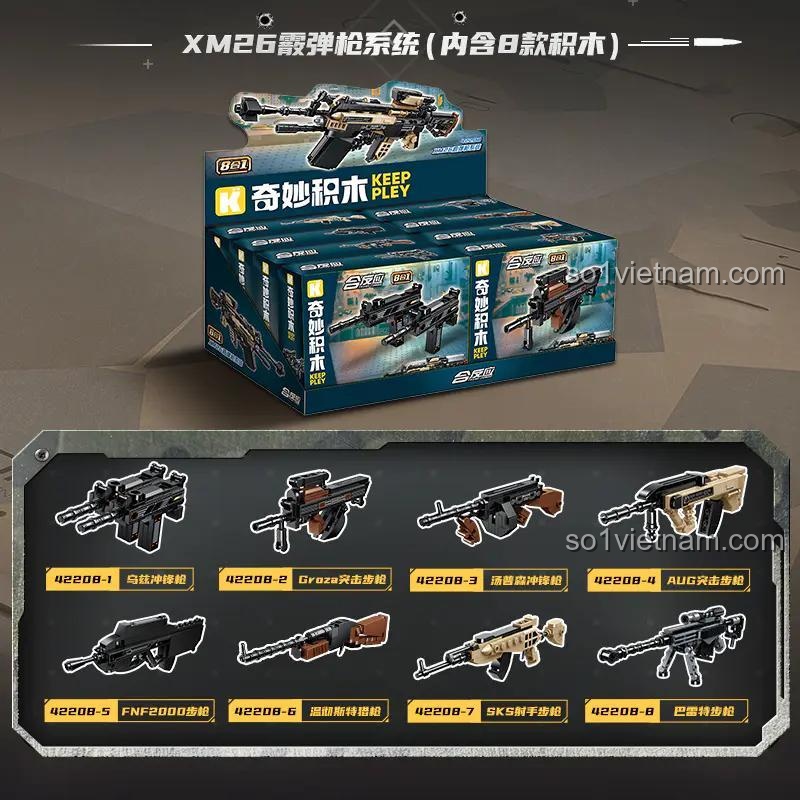 Tổng hợp 8 mẫu súng nhỏ và súng shotgun XM26 lớn từ bộ xếp hình 42208, một lựa chọn đồ chơi mô hình Keeppley tuyệt vời.