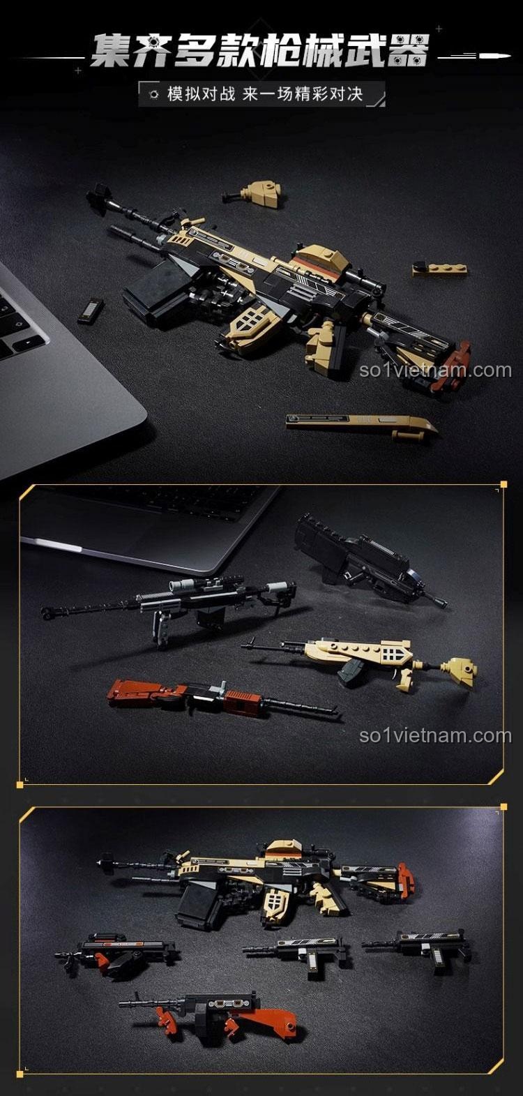 Trưng bày bộ sưu tập súng lắp ráp Keeppley 42208, bao gồm Mô hình súng Barrett 42208, bên cạnh laptop.