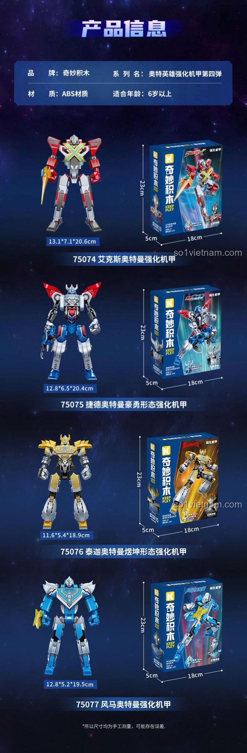 Thông tin sản phẩm Keeppley 75077 Cỗ Máy Chiến Đấu Tăng Cường Ultraman Fuma, bao gồm số chi tiết, độ tuổi, kích thước mô hình và hộp, đồ chơi mô hình cho bé trai.
