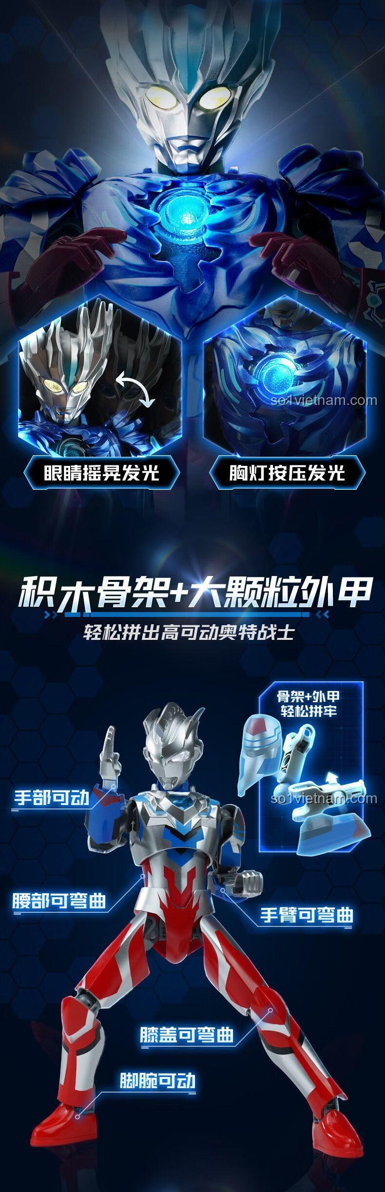 Chi tiết khuôn mặt Ultraman Zero - Ánh Sáng Tối Thượng Keeppley 75219, mắt phát sáng